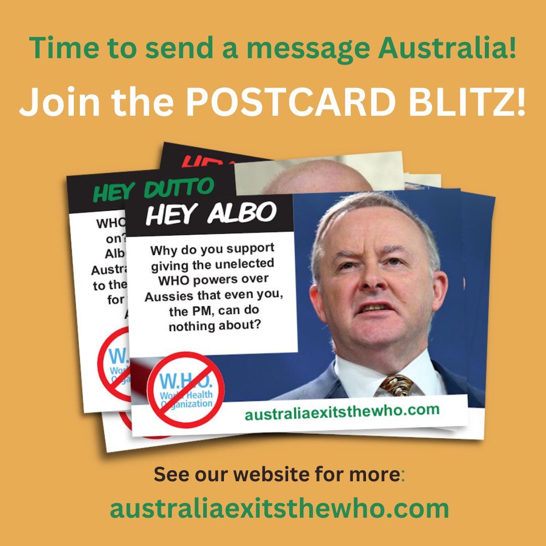 AusExitsWHO's tweet photo. We have a mission everyone can get involved in: #AusExitsWHO POSTCARD BLITZ!
Let Albo &amp; Dutto know what the people of Australia think! State supporting state &amp; make sure YOUR state is at the top of the State of Origin comp. 
Get your postcards here: https://t.co/T8PkYA99uc https://t.co/34Pc3zJs4X