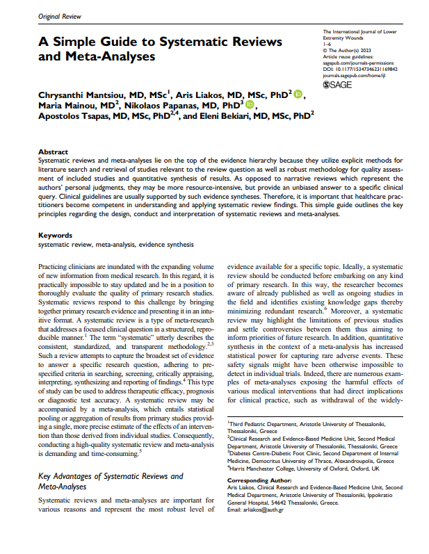 Artículo sencillo para que todo profesional sanitario conozca los fundamentos básicos de las #RevisionesSistemáticas y #metaaAnalisis 
#medlibs #Sysrev
A Simple Guide to Systematic Reviews and Meta-Analyses. Int J Low Extrem Wounds. 2023 
🔗doi.org/10.1177/153473…