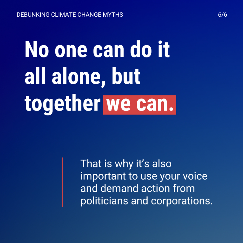 UNEP's tweet photo. ❌Myth: My country is too small to make a difference.

✅Fact: Climate change is a global problem and requires everyone to take action.

Be informed and help spread the facts.