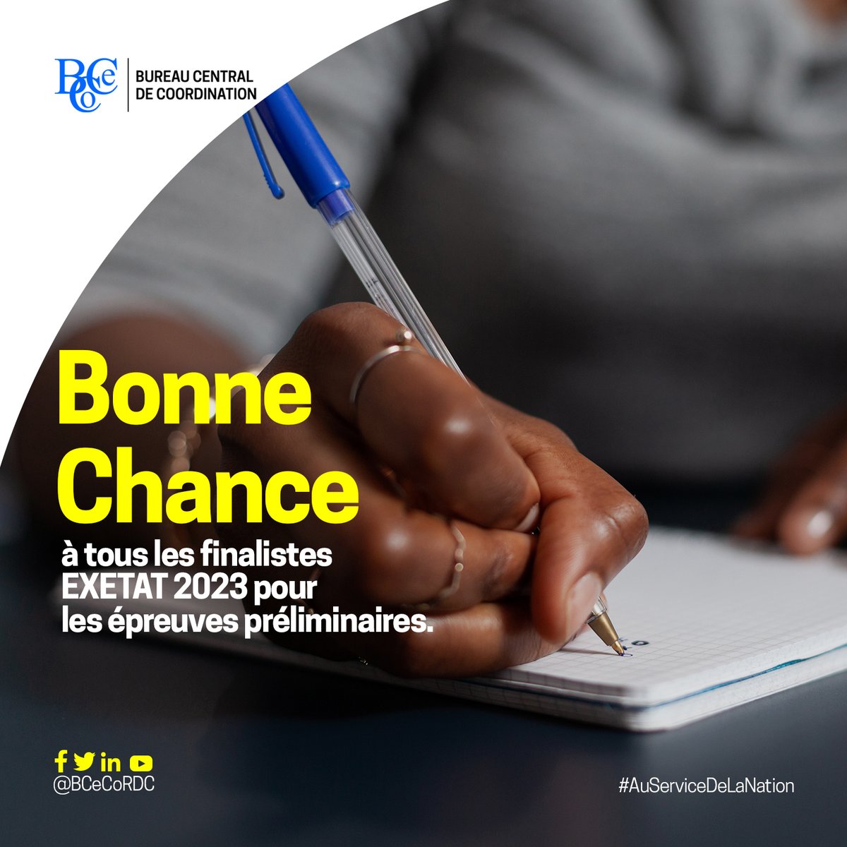 BCeCoRDC's tweet photo. Bonne Chance pour les épreuves préliminaires d'Exetat à tous nos finalistes à travers la #RDC 
#BCECO #AuServiceDeLaNation #Exetat2023 https://t.co/76J2FajxqZ