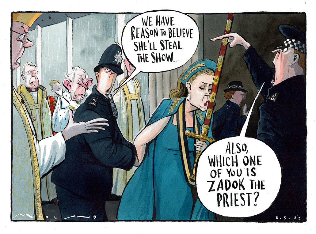 Morten Morland on #Coronation #PennyMordaunt #CharlesIII #ZadokThePriest – political cartoon gallery in London original-political-cartoon.com