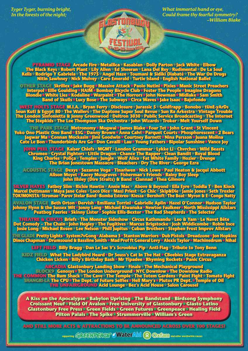 Today in 2014, the full Glastonbury line-up was revealed, including confirmation that the third headliner was Metallica.

#Glastonbury
 glastonburyfestivals.co.uk/full-2014-line…