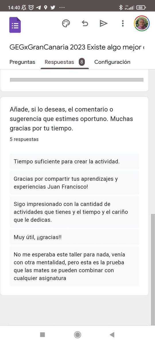 Valoración anónima del taller que impartí en #GEGxGranCanaria2023
Gracias a <a href="/nacheteer/">Nacho Santa-María Megía 🏝️</a> e <a href="/Ivan_Pulido_Ben/">Iván Pulido Benito</a> por invitarme a participar.
<a href="/GonzaloETC/">Gonzalo Romero</a> <a href="/miguelujeda/">Miguel Ujeda Gálvez</a> <a href="/jgonde/">Jonathan</a> <a href="/AuroRG23/">Aurora Rodríguez González</a> <a href="/danielamof/">Connecta amb Dani Amo</a> <a href="/GabrielAraujoES/">Gabriel Araújo</a>