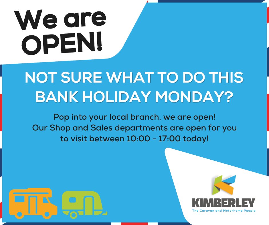 Not sure what to do this bank holiday Monday?

Come visit us at your local branch and stock up on your outdoor essentials or even browse the wide variety of new and used leisure vehicles we have in stock!

Our Shop and Sales departments are open 10:00 - 17:00 today!