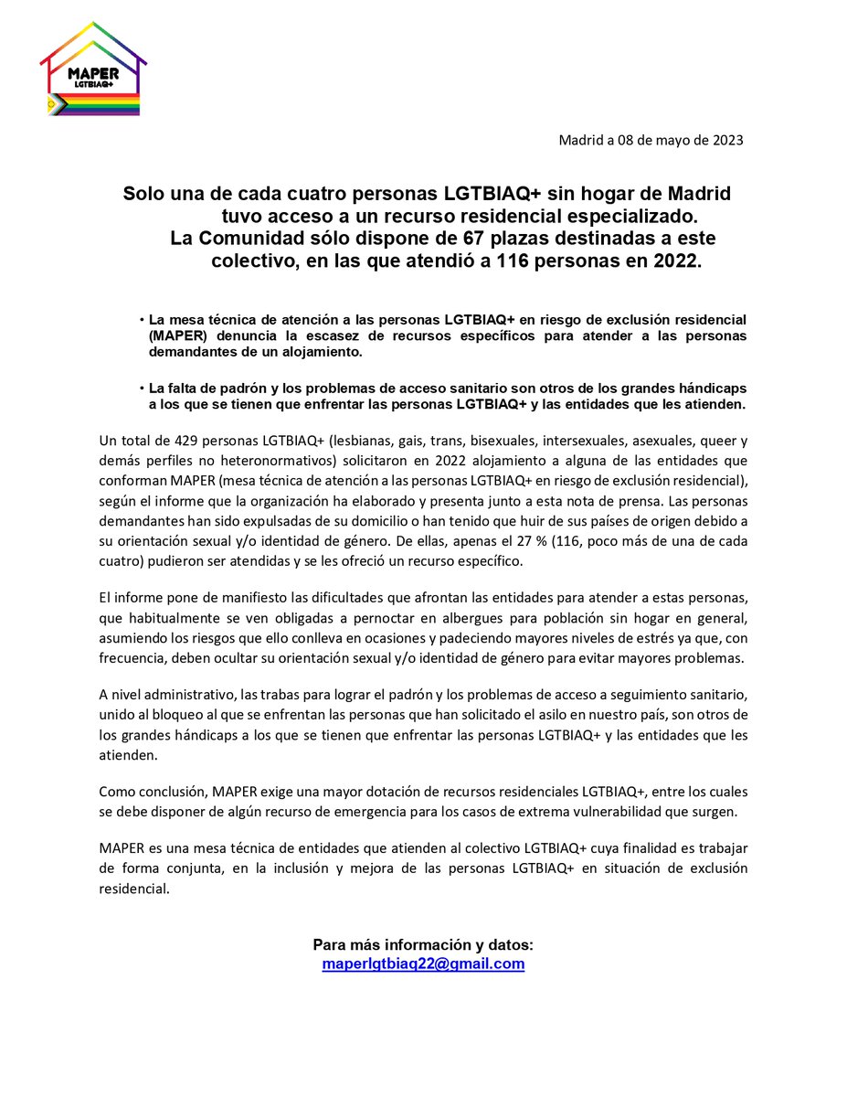 OEX_URJC's tweet photo. La Mesa Técnica de Atención a personas LGTBIAQ+ en riesgo de exclusión residencial de Madrid (MAPER), publica en el día de hoy un informe en el que explican la grave situación que están viviendo las personas LGTBIAQ+ sin hogar. https://t.co/642rjqF7FC