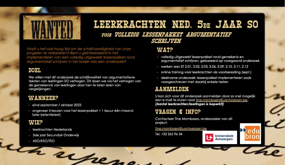 Geïnteresseerd in een volledig uitgewerkt lessenpakket rond argumentatief schrijven? Wees er snel bij; het aantal deelnemers is beperkt! 

Delen mag! 🙏 <a href="/EdubronUA/">Edubron</a> <a href="/svawa/">Sven De Maeyer</a> <a href="/RoosVanGasse/">Roos Van Gasse</a> <a href="/UAfsw/">UniversityAntwerpFSW</a>