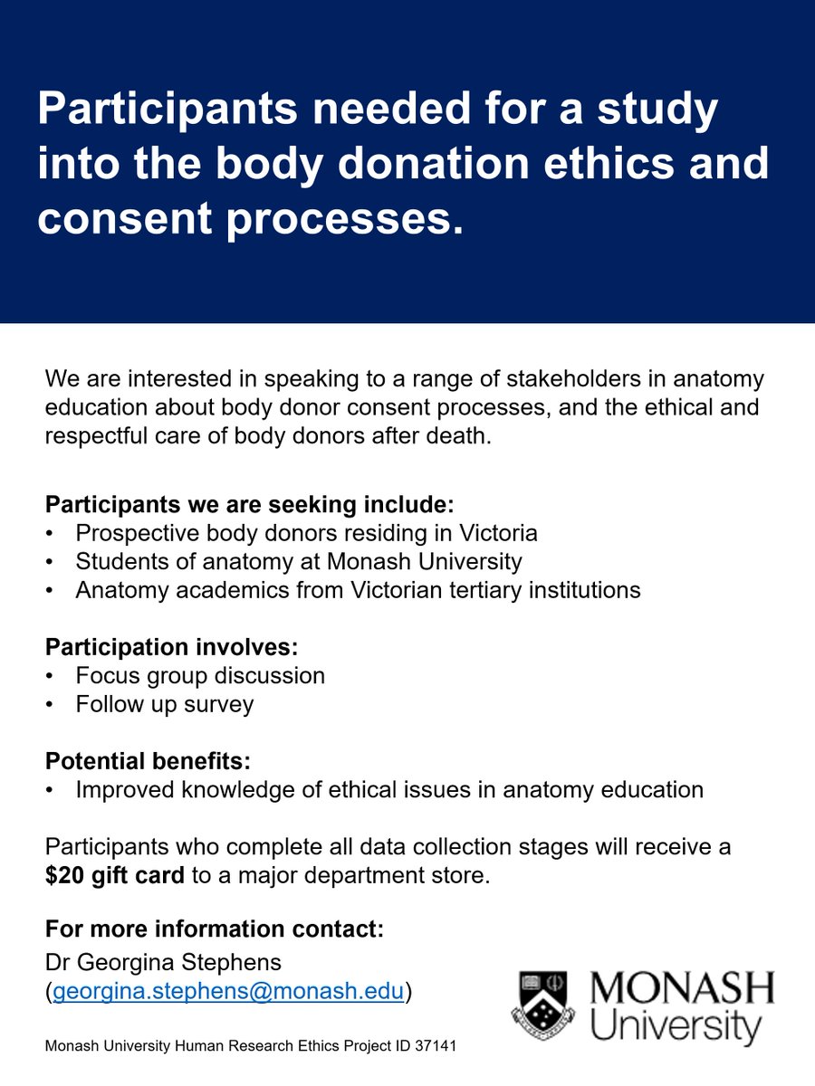 Are you interested in anatomy and ethics research? You might be able to help us with our latest research into body donation ethics and consent processes. Check out the details below and fill out this form to learn more: forms.gle/fmzEs4boV1EA8t…   #anatomyeducation