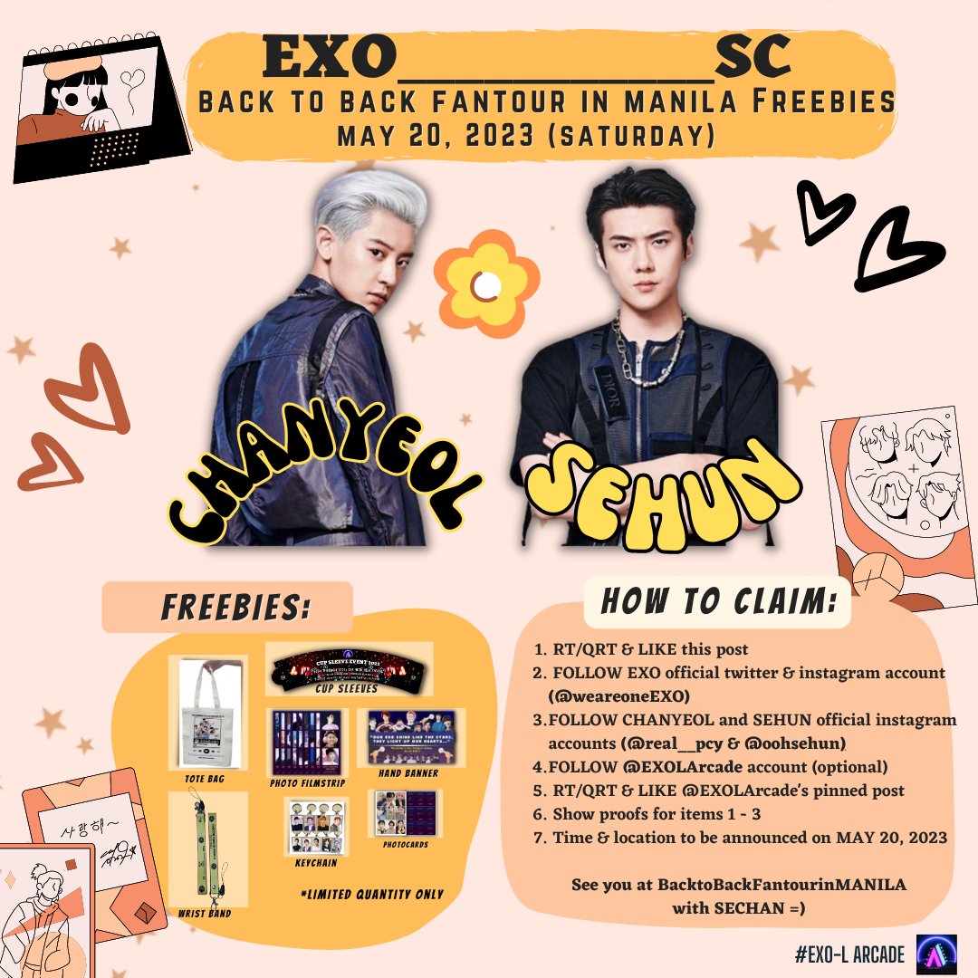 EXOLArcade's tweet photo. We know you are all excited to see our dear SECHAN on May 20, 2023 &amp; we want to excite you more! 🥳

Check out the poster for our giveaway &amp; make sure to follow the instructions on how to claim our special freebies. 🫶

See you all for #BacktoBackinManila! 
#EXOLArcade #EXO_SC🙋‍♀️ https://t.co/SRGaFbXPzt