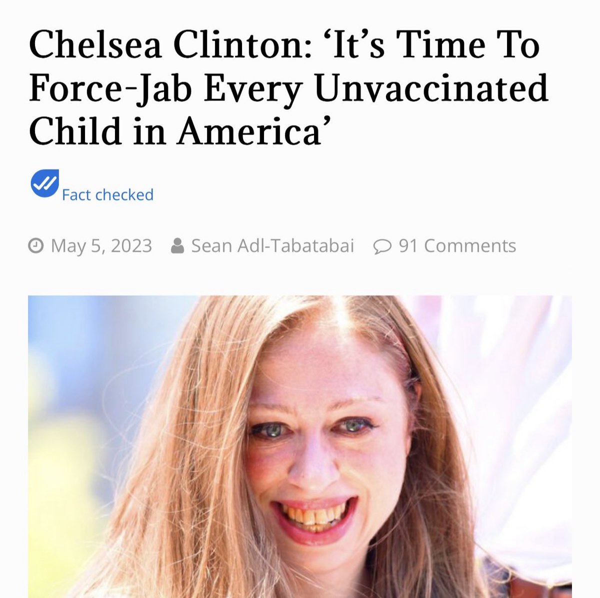 MaxYoungblood12's tweet photo. She looks like a monster. Never got the jab, and this ghoul will never force my children to get the jab #Pfizer #unvaccinated #Clintondeathcount https://t.co/y3L2z8YQ8r