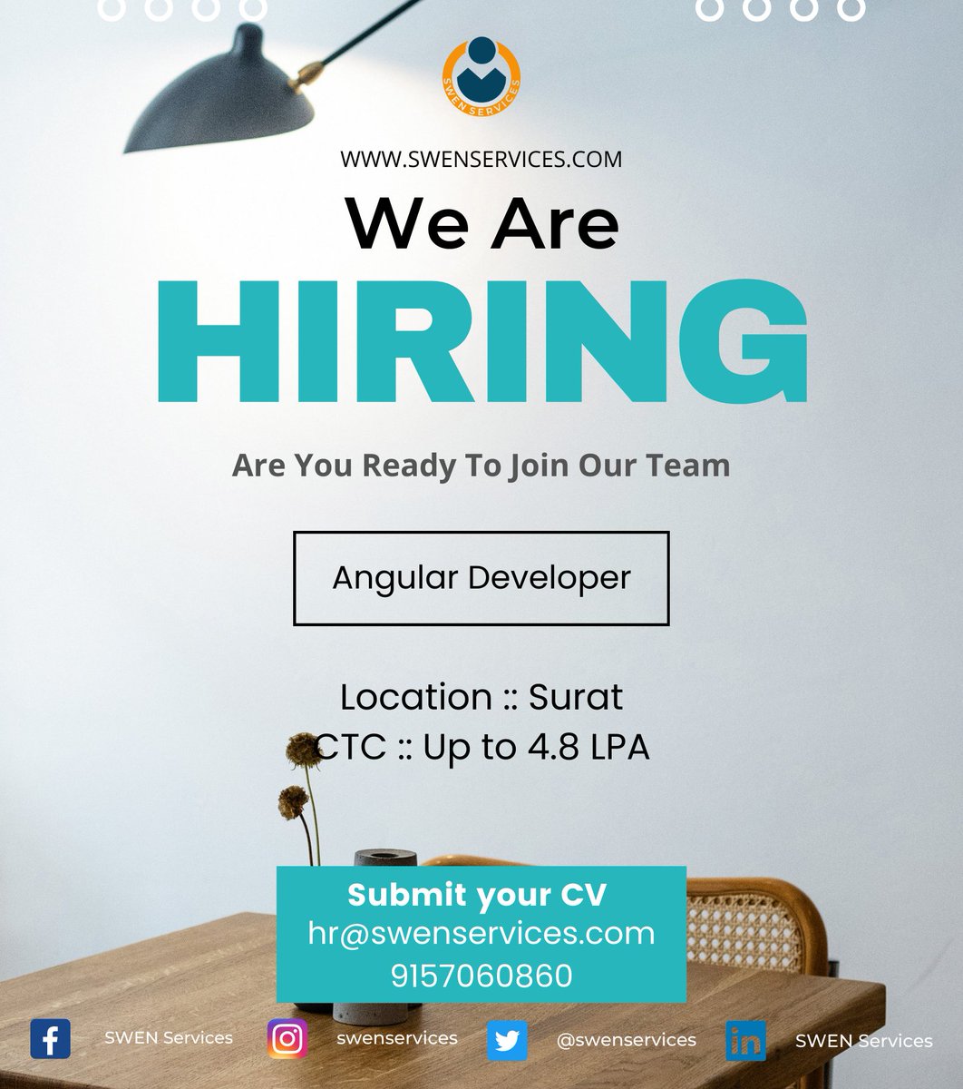 #hiringfordevelopers
#angulardeveloper
#suratcity
#ctc :: Up to 4.8 LPA
#hiringimmediately #getjob #free #nocommission #nocharges #noregistration #nofees
Call or share your CV on 9157060860 for more details.
#angularjobs #jobsinindia #suratithub #suratitjobs #itjobsindia