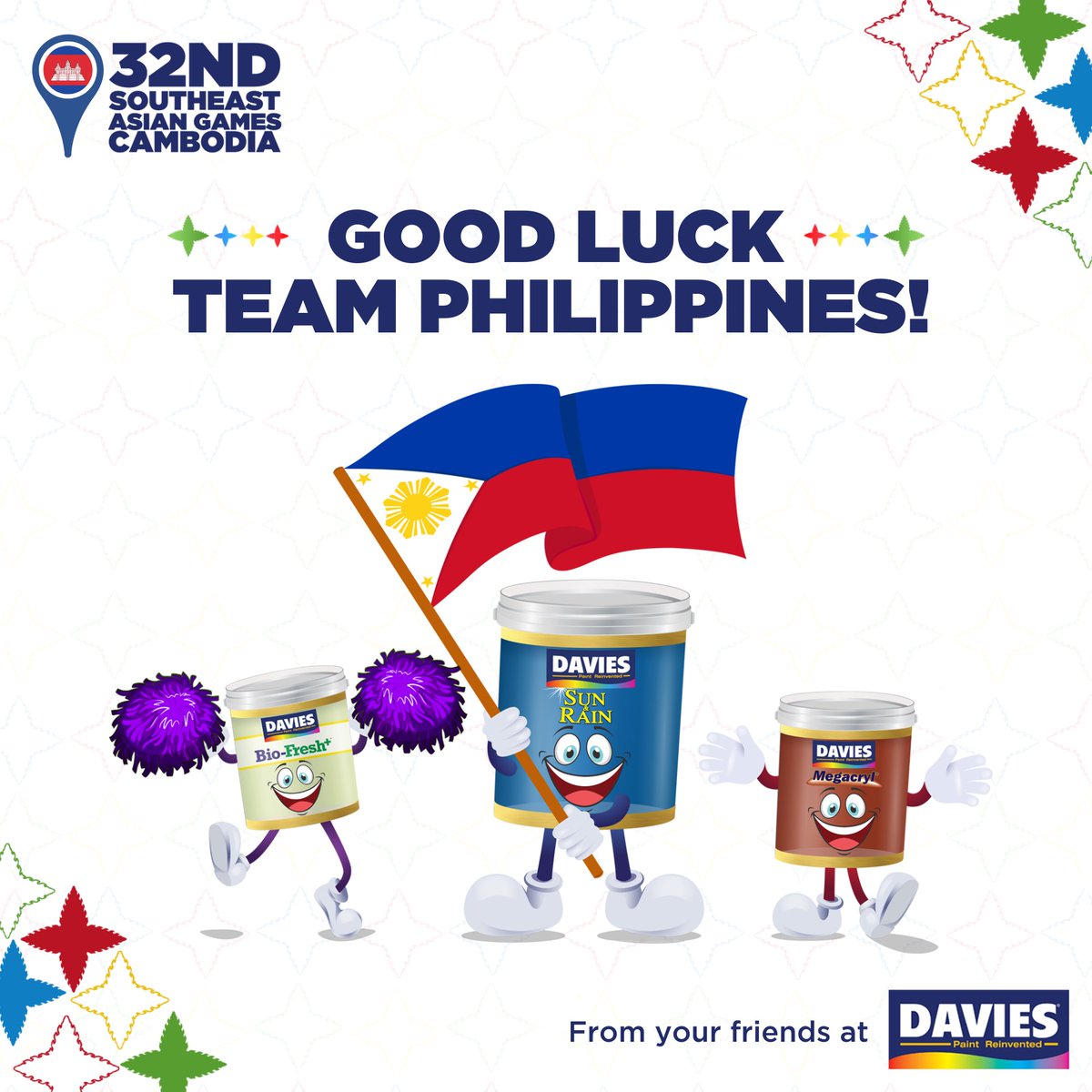 Let's all cheer on Team Philippines as they represent our nation at the 32nd SEA Games in Cambodia!

Good Luck, from your friends at Davies Paints, ang pinturang TATAK PINOY!

#SEAGames2023 #Cambodia2023 #TeamPhilippines #LabanPilipinas #DaviesPaints #TatakDavies #TatakPinoy