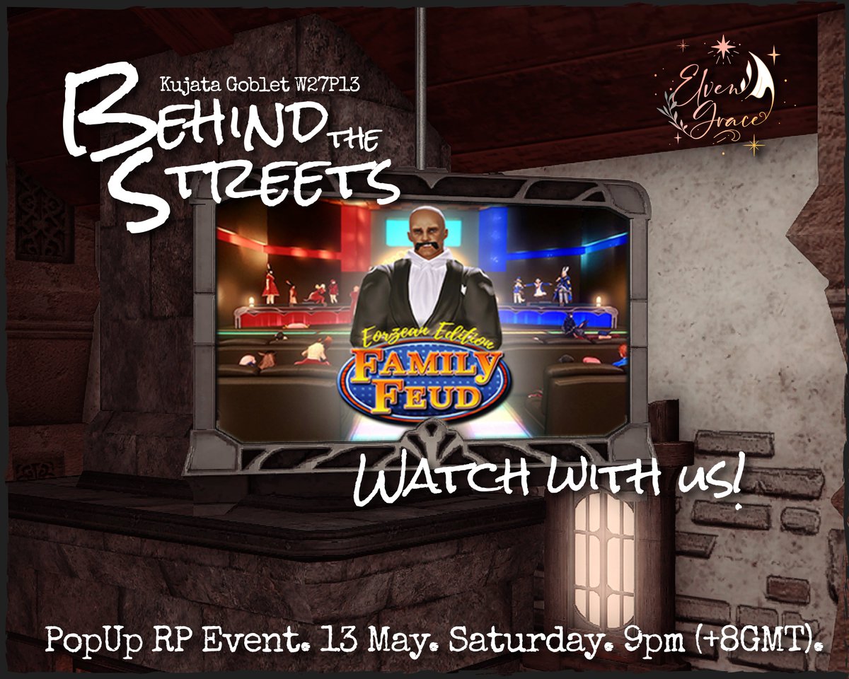 Tune in to their live stream on our pub's TV while you're getting a drink!  

Check them out at <a href="/FamFeudXIV/">Family Feud XIV</a>  #FamFeudXIV 

elvengrace.carrd.co