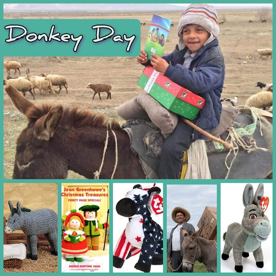 #donkeyday
Did you know donkeys are sometimes used to help distribute shoeboxes?
Bottom left is a knitted donkey which can be found in Christmas Treasures book by #jeangreenhowe #ipackedashoebox