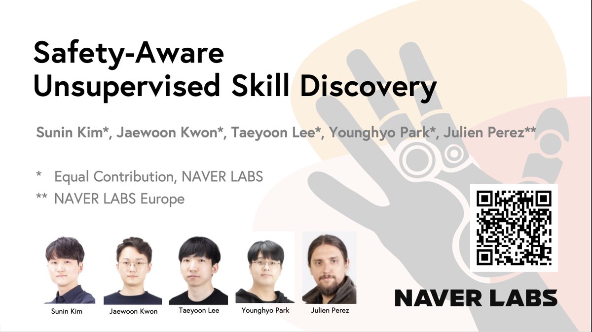 younghyo_park's tweet photo. 🎉 Introducing our new work “Safety-Aware Unsupervised Skill Discovery”: a scalable method that can discover diverse set of skills that satisfies any user-defined safety constraints. #ICRA2023 @NAVERLABSHQ 🧵

website: https://t.co/zVty8Zb1hg
slides: https://t.co/iHYFzQo0pr https://t.co/pzAjuf3FrY