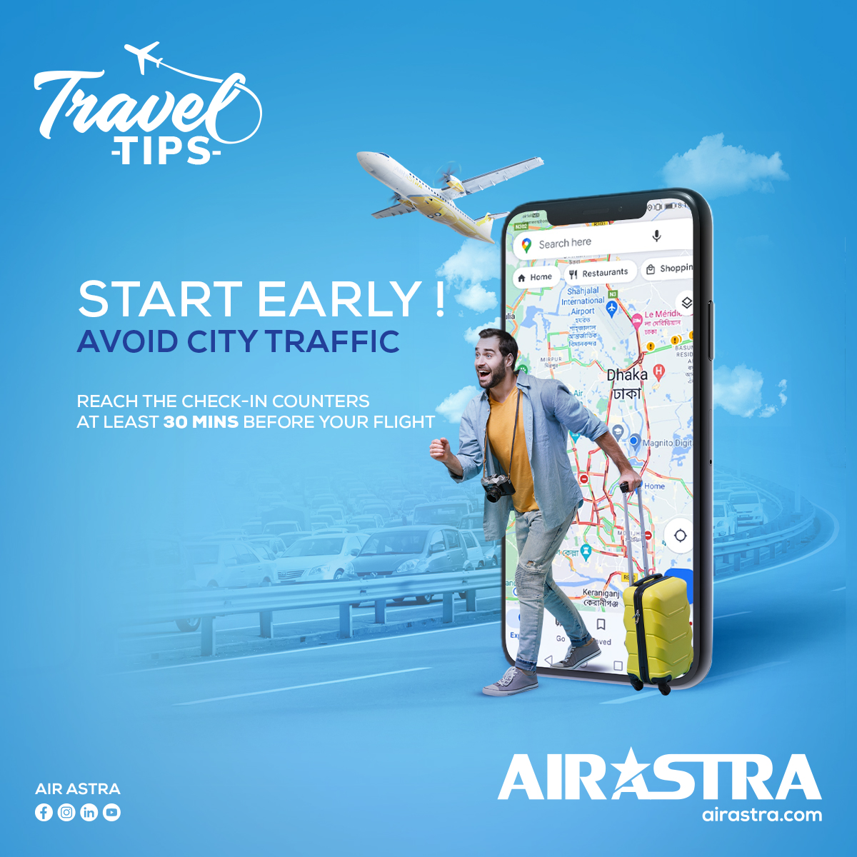 air_astra's tweet image. Beat the rush and arrive at the airport with plenty of time to spare! Remember to check in at least 30 minutes before your flight to ensure a smooth and stress-free journey 
#AirAstra #airastrabd #AvoidTraffic #EarlyBird #TravelTips