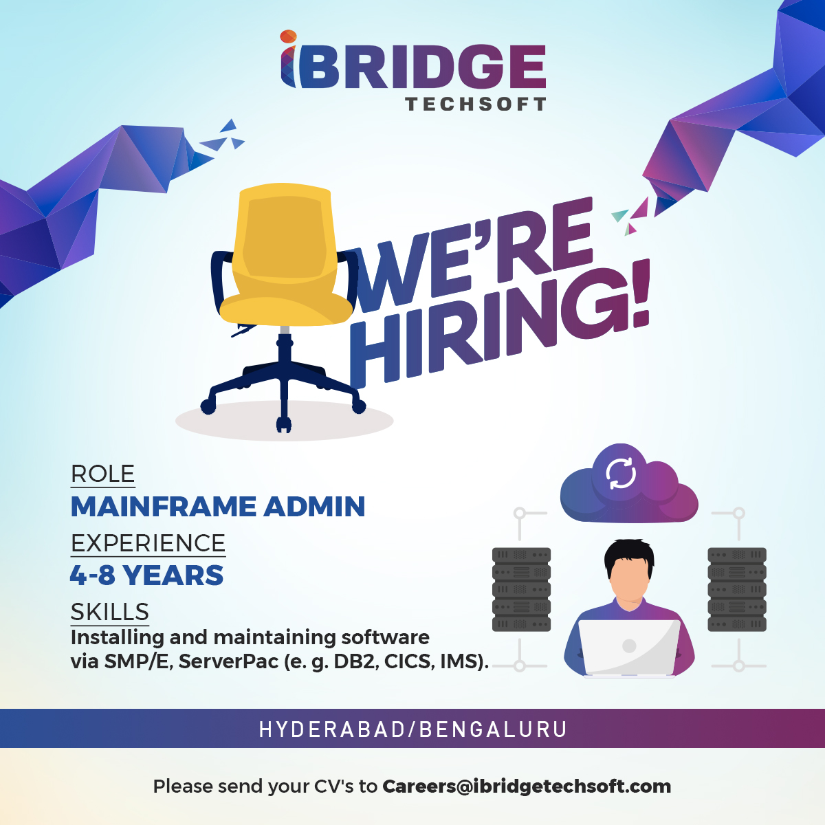 TechsoftIbridge's tweet photo. We are hiring Main Frame Admin with an experience of 4-8 years for Hyderabad/ Bengaluru locations. Interested candidates share resumes to careers@ibridgetechsoft.com

Visit Us🌐:https://t.co/nh0fBGD67p

➡Main Frame Admin 

#IBridgeTechsoft #HiringAlert #Mainframe #MainframeAdmin https://t.co/OGUOBJf6NF