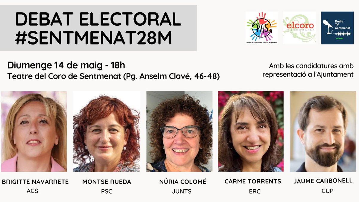 Aquest diumenge, farem un directe d' instagram del debat electoral, organitzat per la <a href="/PlatSentmenat/">Plataforma d'Associacions i Entitats de Sentmenat</a> amb col.laboració de @ElCoroSentmenat