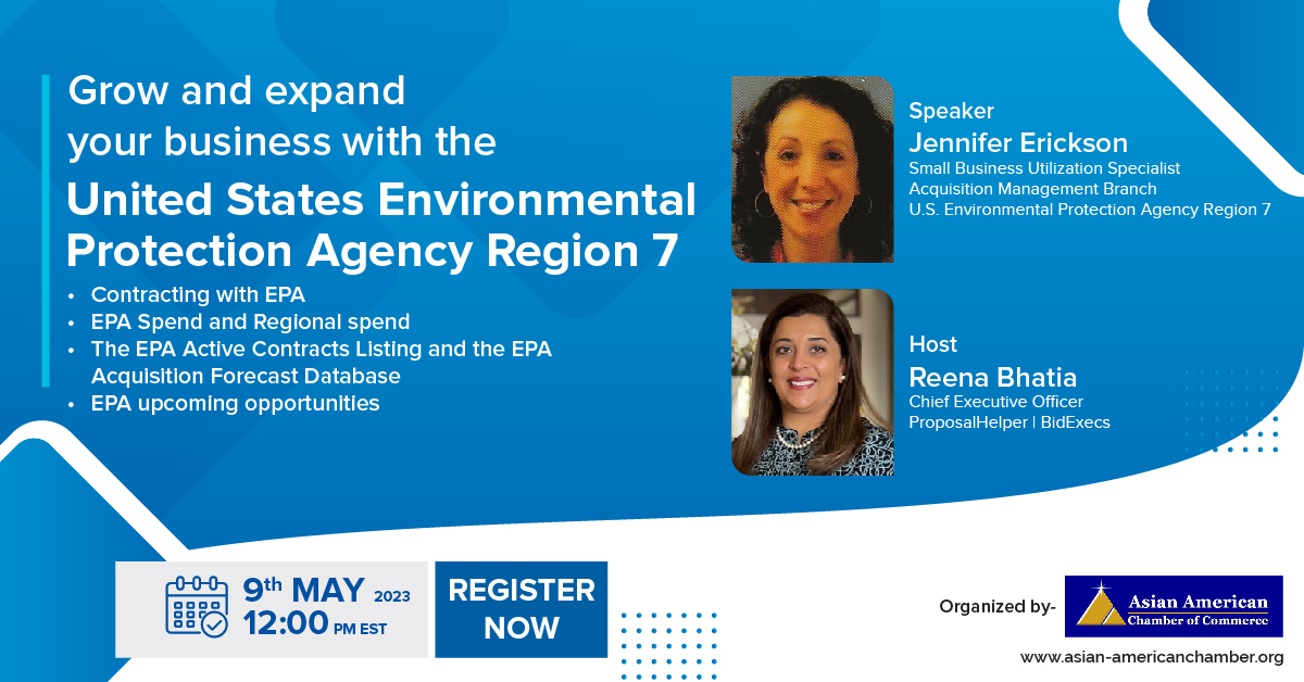 AsianAmCham's tweet image. Don&apos;t miss the chance!!
#ProposalHelper and #BidExecs in association with the #AsianAmericanChamberOfCommerce invite you to join us for an exciting webinar on “Grow and expand your business with the United States Environmental Protection Agency Region 7”

#AACCEvents