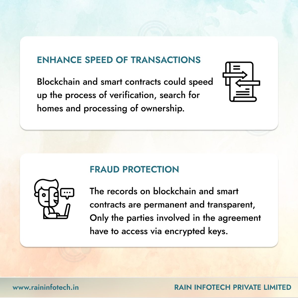 raininfotech's tweet image. Smart contracts are self-executing contracts in which the deal's conditions between the buyer and seller are put directly into the programme.
#raininfotech #smartcontracts #smartcontractsdevelopment #realestate #realestatebusiness #realestatedata #datasecurity #datasafety