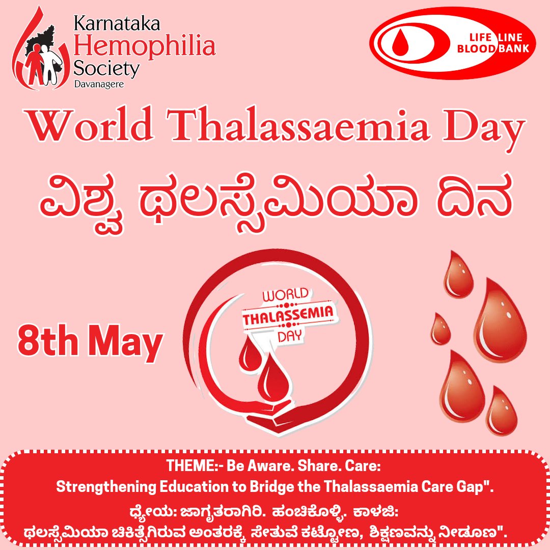 World Thalassaemia Day-May 8th
Theme 2023:- BE AWARE.SHARE.CARE Strengthening Education to Bridge the Thalassaemia Care Gap.
#thalassemiaawareness