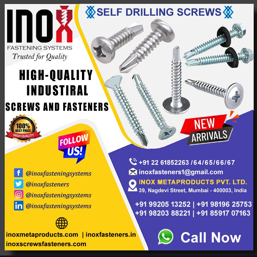 inoxfasteners's tweet photo. INOX FASTENING SYSTEMS
Trusted for Quality
All Types of Industrial Screws and Fasteners 
📲+91 99205 13252 | +91 98196 25753 | +91 98203 88221 |+91 85917 07163
🌐 https://t.co/m4IPW6CjlB / https://t.co/GLcxOLpOoS / https://t.co/Rq0qbY56kJ
 SELF DRILLING SCREWS
#inoxfasteners https://t.co/GFqhKxU0kp