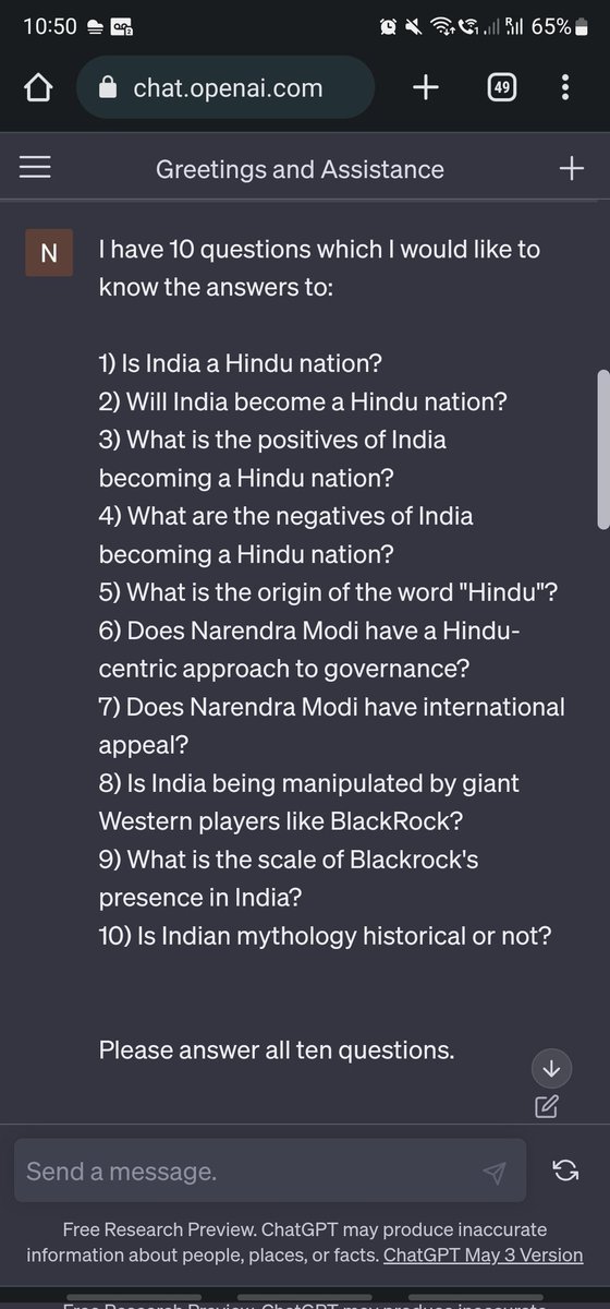 I asked these ten questions about #India , #Indianmythology , #NarendraModi , #BlackRock to #chatgpt. 

Follow the thread to see the responses. #AI #MondayMotivation #WorldThalassemiaDay #EkSantKafiHain #WorldRedCrossDay2023 #CoronationConcert #basedontrueevents