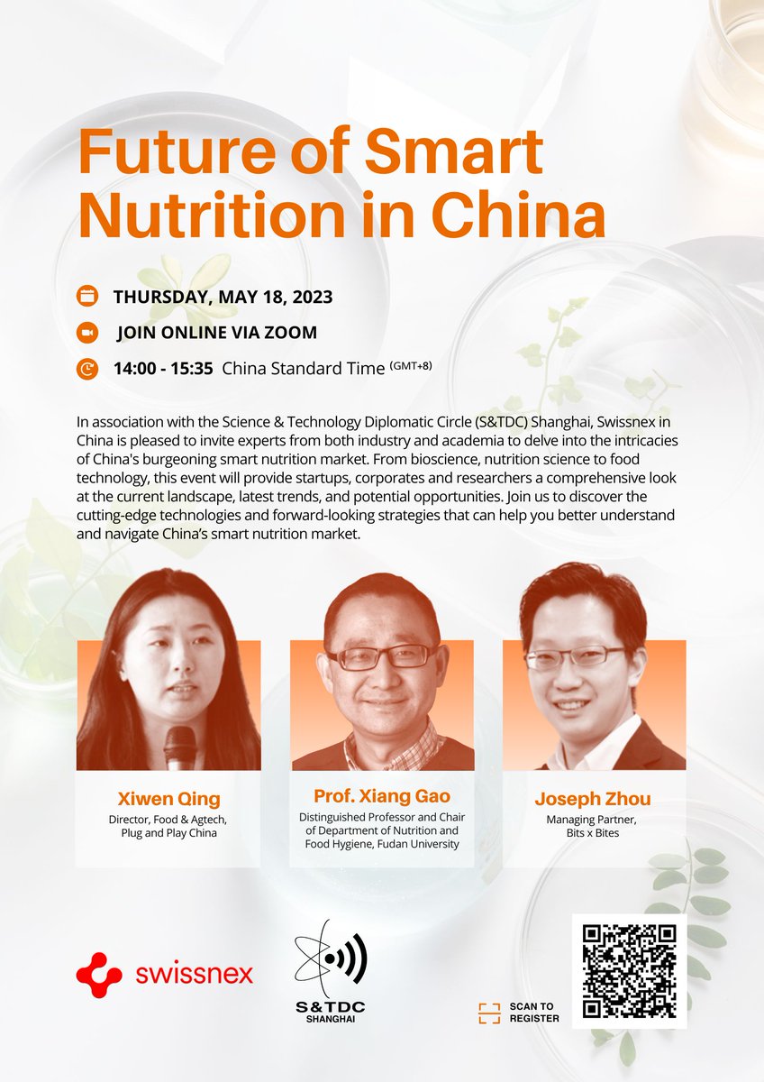 #Webinar: Future of Smart Nutrition in China | Join us on May 18th to explore China's fast-growing smart nutrition market. Experts from industry and academia will discuss the latest trends and opportunities for startups, academia &amp; corporates.
👉: swissnex.org/china/event/fu…