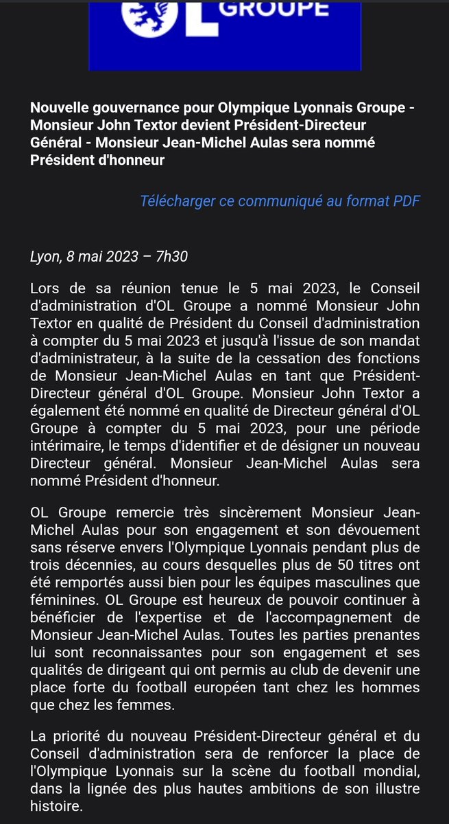 OL__Plus's tweet photo. Communiqué officiel, @JM_Aulas n'est plus à la tête DE L'OL https://t.co/eHB1i3rfa6