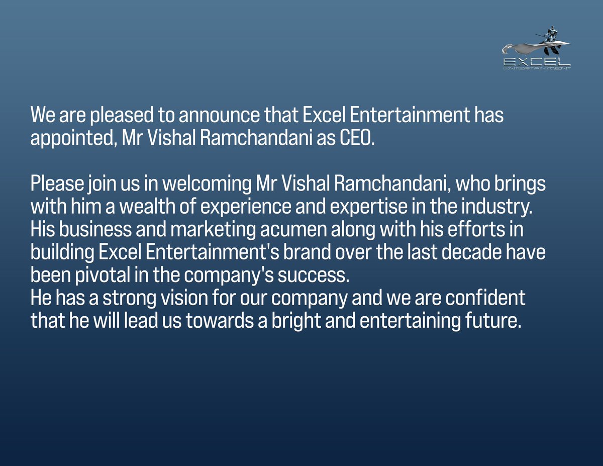 EXCEL APPOINTS VISHAL RAMCHANDANI AS CEO… #ExcelEntertainment has appointed #VishalRamchandani as the company’s new CEO… Vishal - who has been with #Excel since 2008 - was instrumental in the company’s success, having served as Business Head since 2018… Way to go, Vishal.
