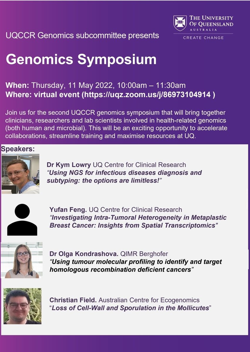 Join us on Thursday 11th of May, for the UQCCR Genomics Symposium 
<a href="/fordebm/">Brian Forde</a> <a href="/kym_lowry/">Kym Lowry</a> <a href="/MicroDx_UQ/">MicroDx UQ</a> <a href="/UQMedicine/">UQ Medicine</a> @ace_uq @QIMRBerghofer