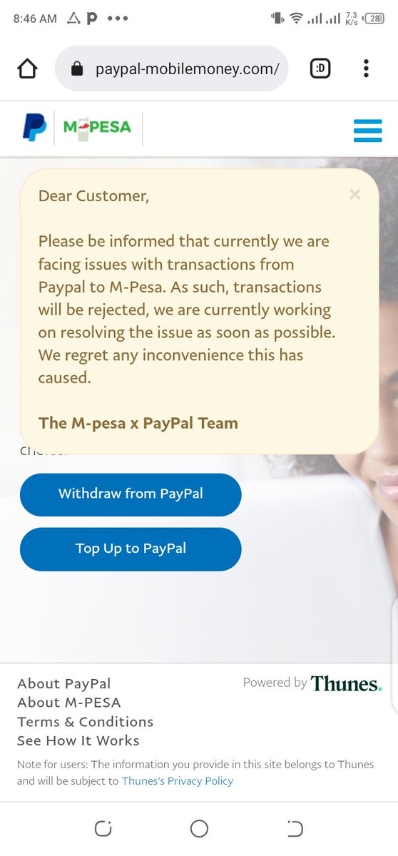 lawrence_kim_'s tweet photo. Are you guys experiencing any technical issues trying to withdraw money via PayPal?? I think PayPal to mpesa has been down for about 2 days now #kot #paypaltompesa https://t.co/NmTXdcTRk7