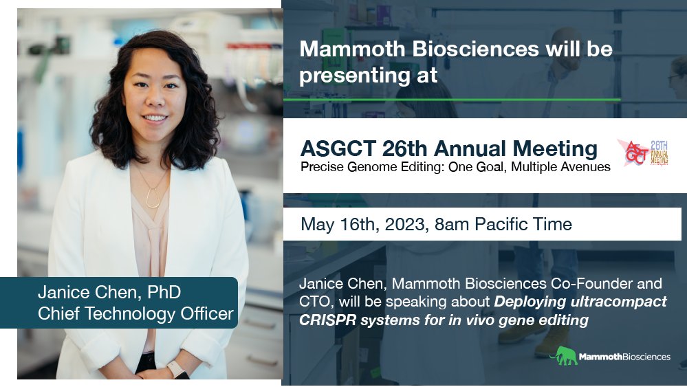 Join our co-founder @janiceschen as she presents @mammothbiosci’s latest work with our ultracompact #CRISPR systems during an add-on workshop at the American Society of Gene & Cell Therapy (@ASGCTherapy) 26th Annual Meeting! businesswire.com/news/home/2023… #ASGCT23