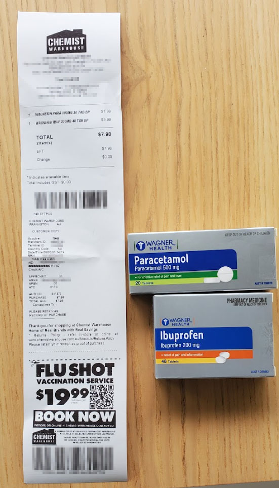 Maybe don't call yourself a "warehouse" <a href="/ChemistWhouse/">Chemist Warehouse</a> when you silly policy won't let me buy two discrete 20 tablet packets of paracetamol and a 48 tablet packet of ibuprofen ( what I took to the counter ), but you'll happily sell me 100 tablets of both. Idiotic!