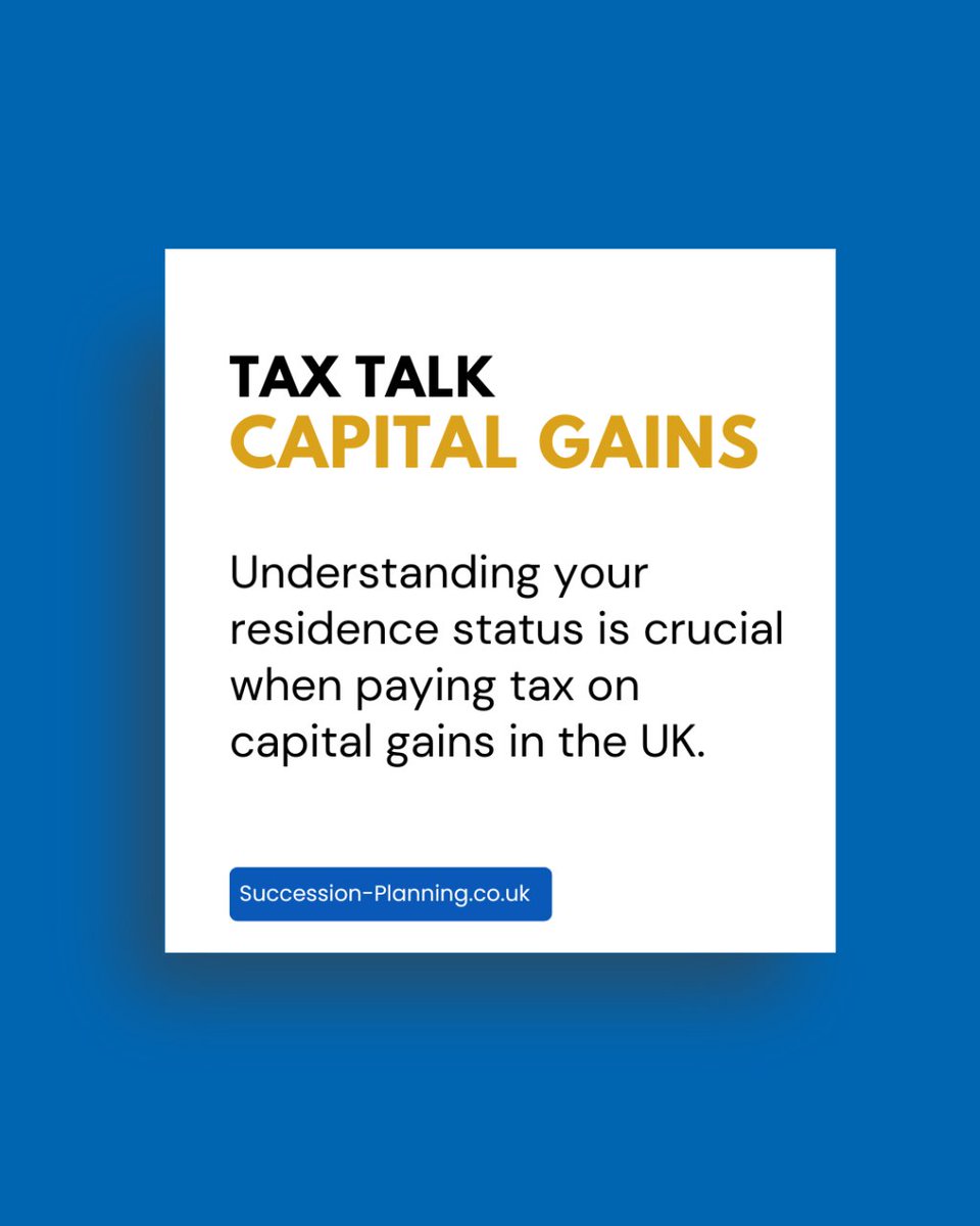 📣 Attention all UK taxpayers! 

Did you know that the way you work out your residence status for capital gains is the same as for income? 🏡

1/3

#taxtips #capitalgains #UKtaxpayers #taxobligations #residencestatus #successionplanning