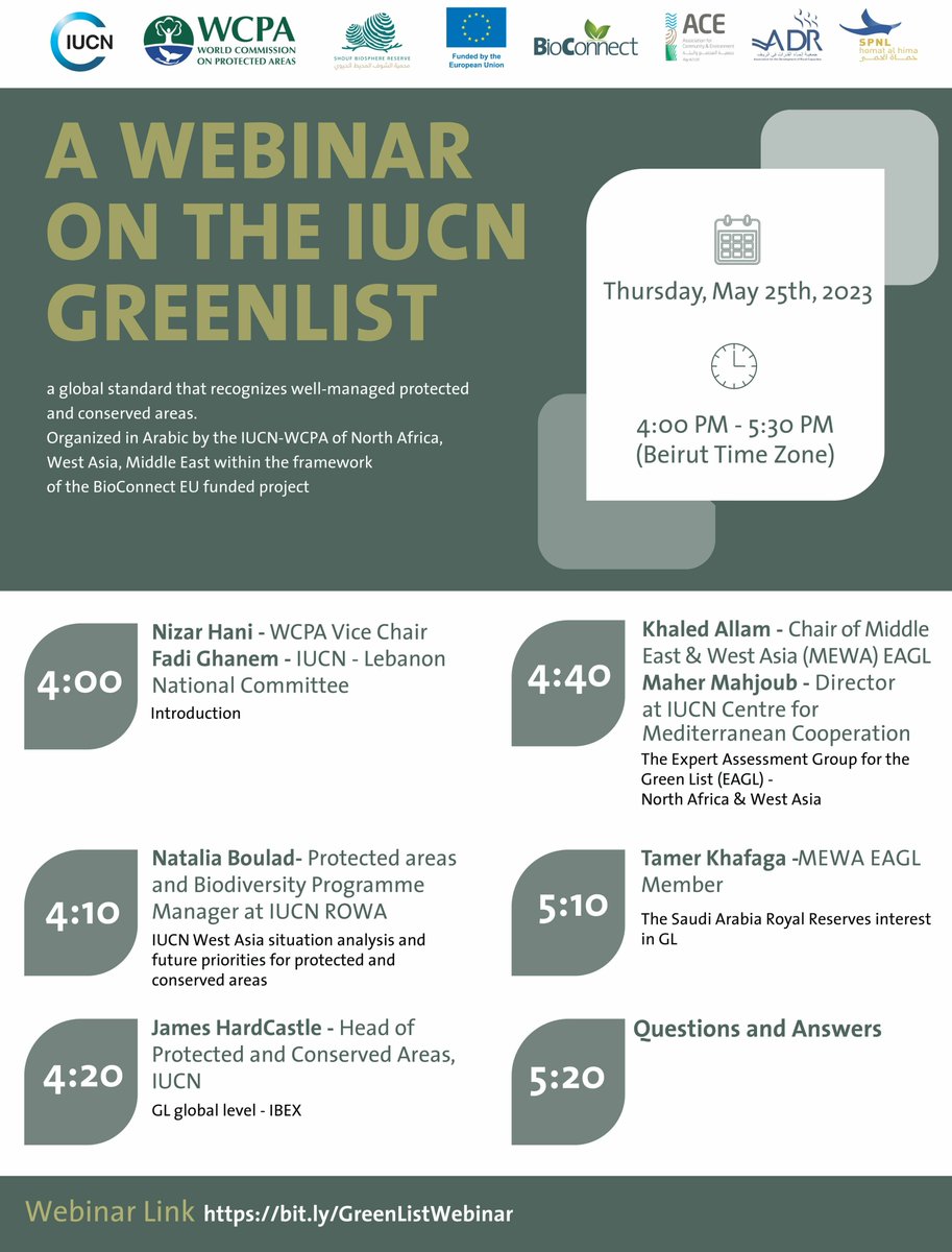 A WEBINAR ON THE IUCN GREENLIST!
A global standard that recognizes well-managed protected and conserved areas.
Organized in Arabic by the IUCN-WCPA of North Africa, West Asia, Middle East within the framework of the BioConnect EU funded project.
iucn-org.zoom.us/meeting/regist…