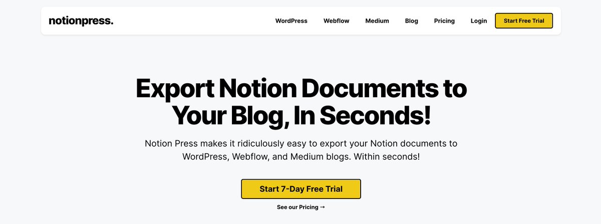 notionpressio's tweet image. If you run a blog and want to save 10-20 hours easily on content production workflows, you should work with us. 

We help content teams who use Notion export their docs to WordPress, Webflow and Medium blogs in seconds!