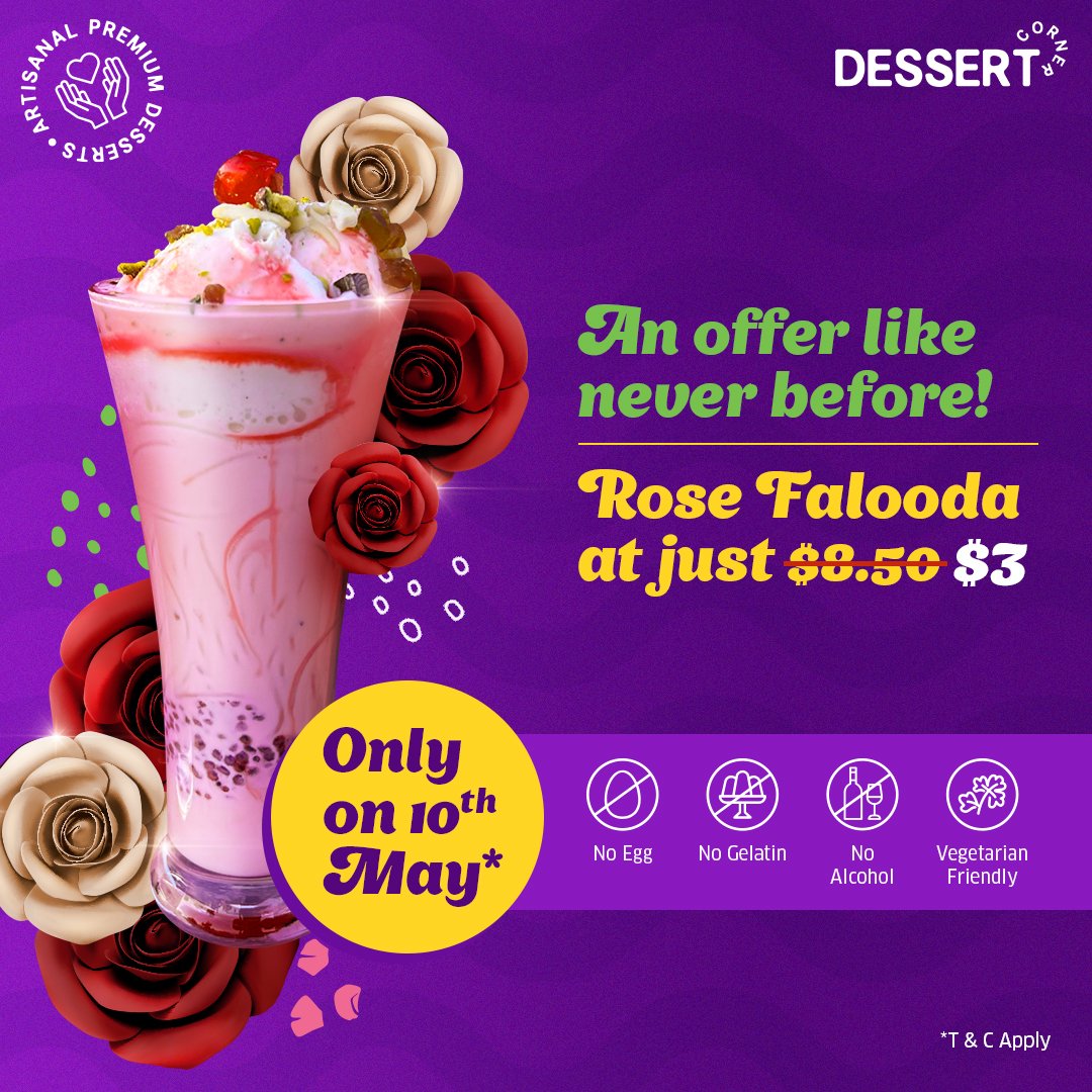 Indulge in the sweet delight of our Rose Falooda🌹 at a special price this Wednesday, May 10th! Don't miss out on this mouthwatering deal. #rosefalooda #Wednesdayvibe #HumpDayHappiness