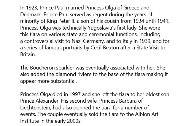 RobinLynnKing2's tweet photo. #EverythingRoyal #RoyalTiara
This iconic tiara is Princess Olga of Greece's Boucheron Diamond Tiara.Made in 1907 by Basset for Boucheron on behalf of Russian noblewoman Princess Maria Pavlovna Abamelik-Lazarev, daughter of industrialist Count Pavel Pavlovich Demidov https://t.co/SxEPHY8yrP