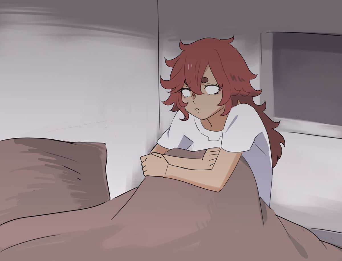 suletta mercury 1girl red hair solo long hair shirt bed white shirt  illustration images