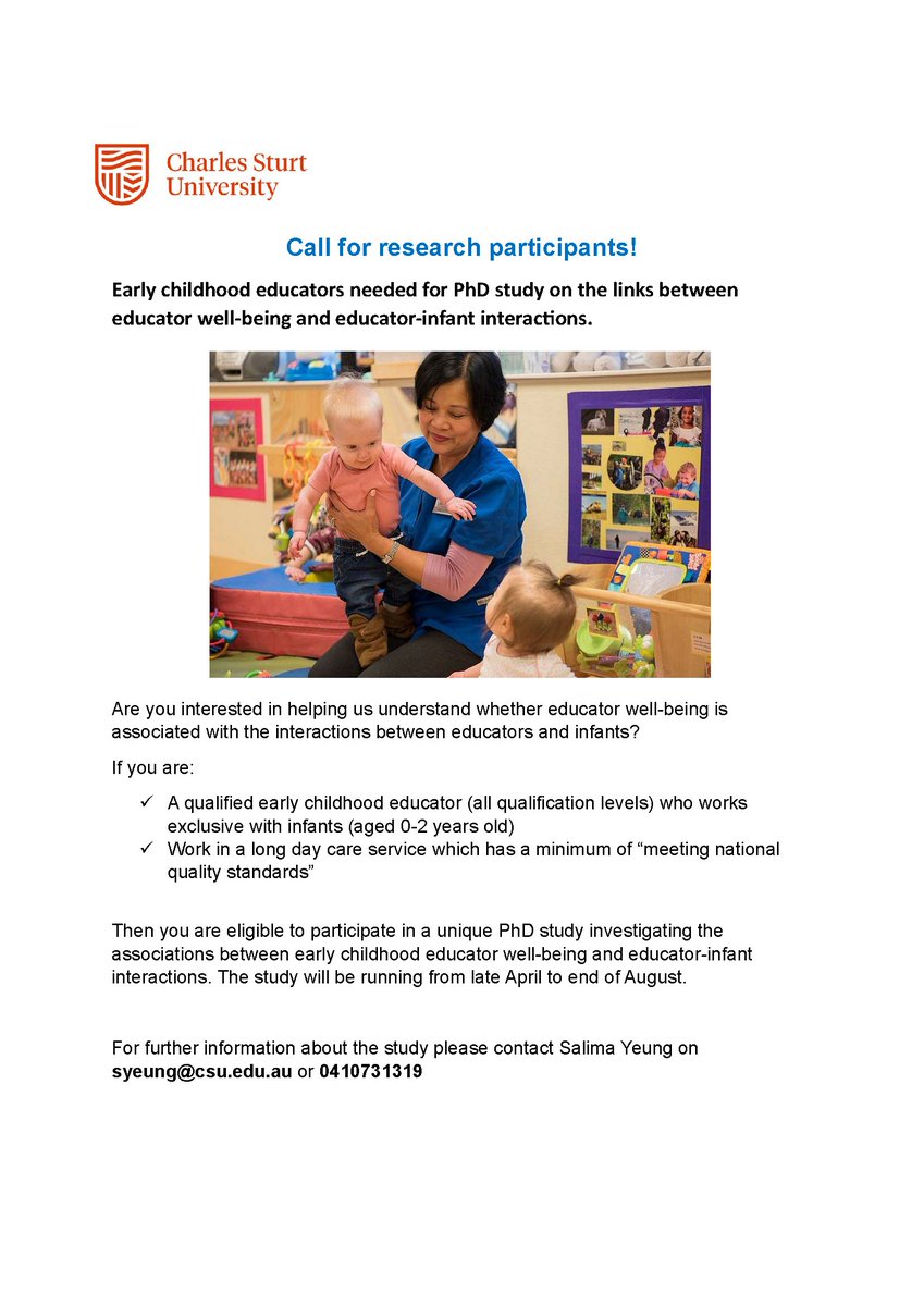 Call for research participants! Early childhood educators are needed for a PhD study on the links between educator well-being and educator-infant interactions. For more information please see the attached flyer.