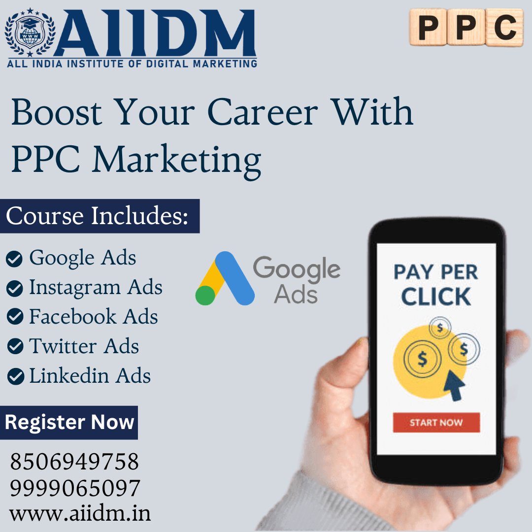 Boost Your Career With PPC Marketing:
'Become a PPC expert and accelerate your career growth with our intensive training.'
Call Us: 9958276296
Visit Us: aiidm.in
#PPCMarketing #PPCTraining #DigitalMarketing #PayPerClick #GoogleAds #BingAds #SearchAdvertising