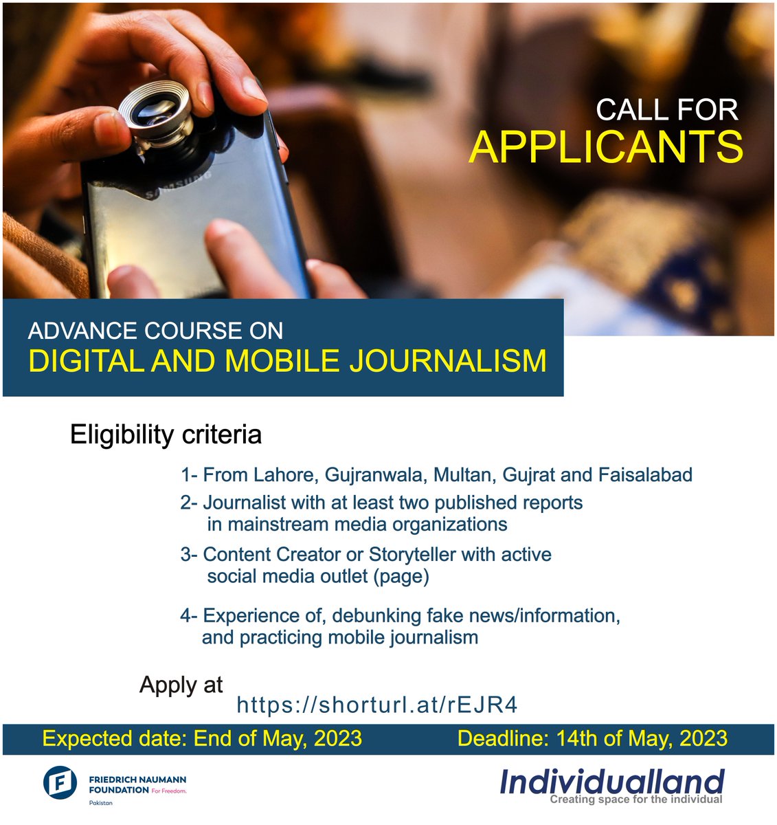 📢Training opportunity for journalists/content creators/fact checkers from #Lahore, #Gujranwala, #Multan, #Gujrat and #Faisalabad.

More details and application form at
shorturl.at/rEJR4

#JournalismOpportunity
#MobileJournalism
#DigitalJournalism
#FactChecking