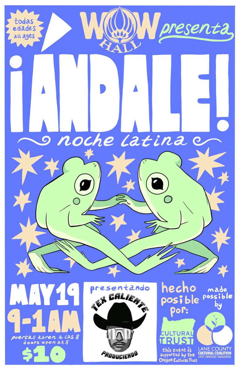 ¡Ándale! Noche Latina at the WOW Hall Friday, May 19, 9:00pm-1:00am, DJ Tex Caliente will be spinning Reggaeton, Trap, Dembow, Urbana, Moombahton, Cumbia, Doors open at 8pm. $10. Volunteer Sign up link signup.com/go/yXVqzjR @shlprogram_uo <a href="/uocllas/">CLLAS</a> <a href="/uoregon/">University of Oregon</a> @uo_latinx <a href="/WOWHall/">WOW Hall</a>