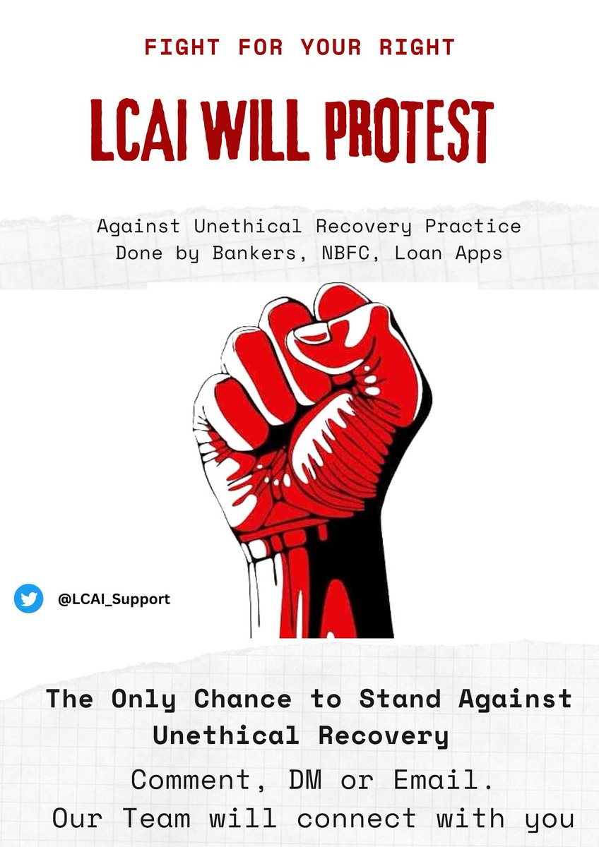 We wil protesting against unethical recovery practice done by Banks, NBFCs, Loan Apps &amp; Private Financers at #Mumbai.
Email us - consumer.lcai@gmail.com
Twitter &amp; Insta - <a href="/LCAI_Support/">Loan Consumers Association</a>

Date wil b announced after ur comments and DMs.
#LCAI #LCAIProtest