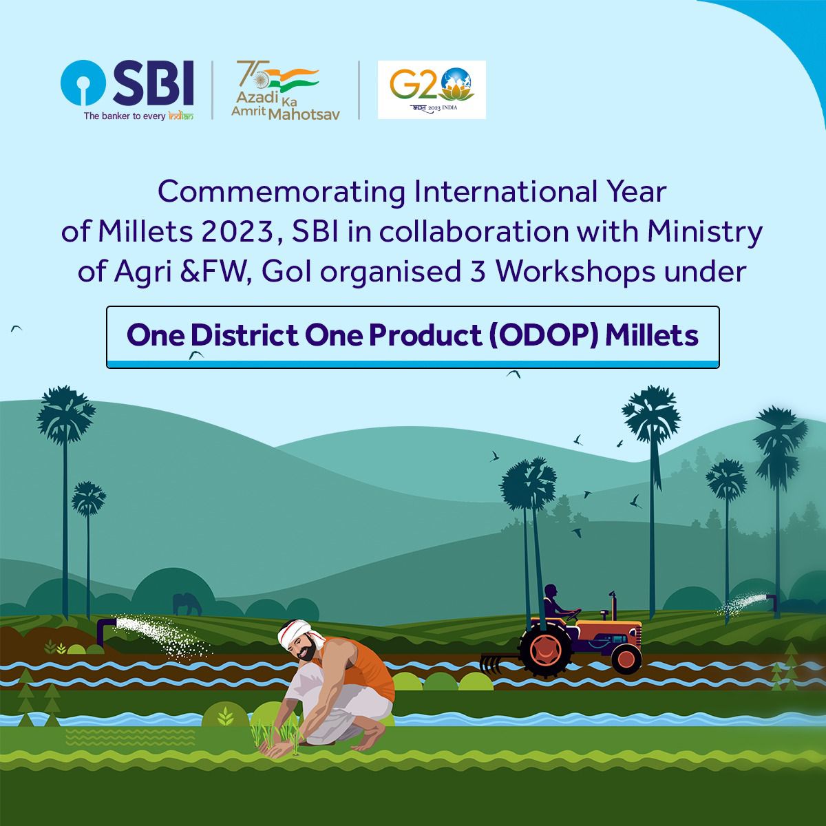 TheOfficialSBI's tweet photo. Educating Farmers, FPOs, NGOs, and SHGs, on the comprehensive solutions for the entire Millet based Value Chain, 3 workshops were hosted by SBI, Ministry of Agri &amp;FW and GoI.

@AgriGoI

#SBI #AmritMahotsav #Millets https://t.co/Weq8BXI7Rm