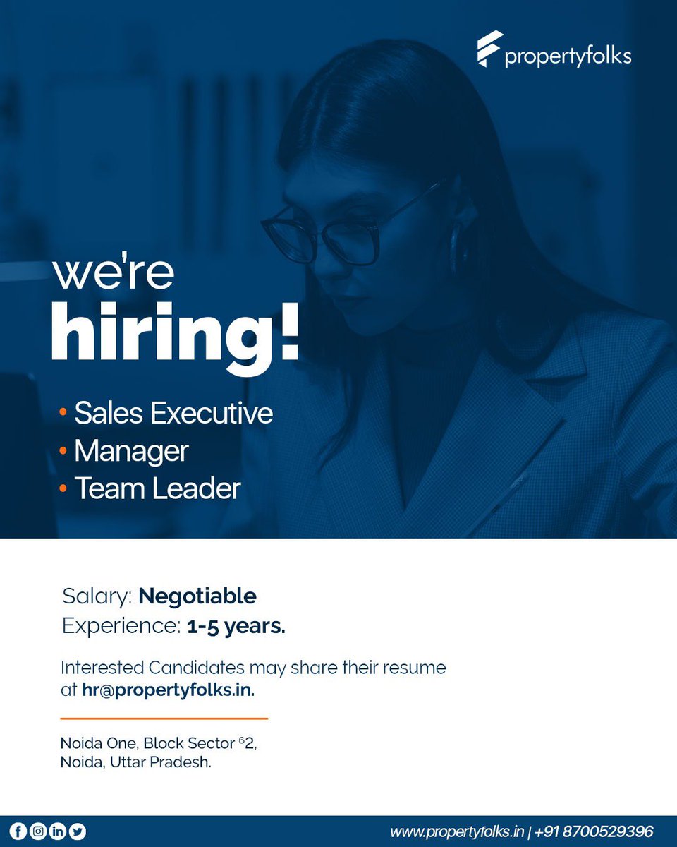 We are currently seeking experienced Sales Executives, Managers, and Team Leaders to join our growing teams.
Email your resume hr@propertyfolks.in.

#hiring #salesexecutives #managers #TeamLeaders #saleshiring  #realtors #realestateagent #noidaproperties #propertyfolks