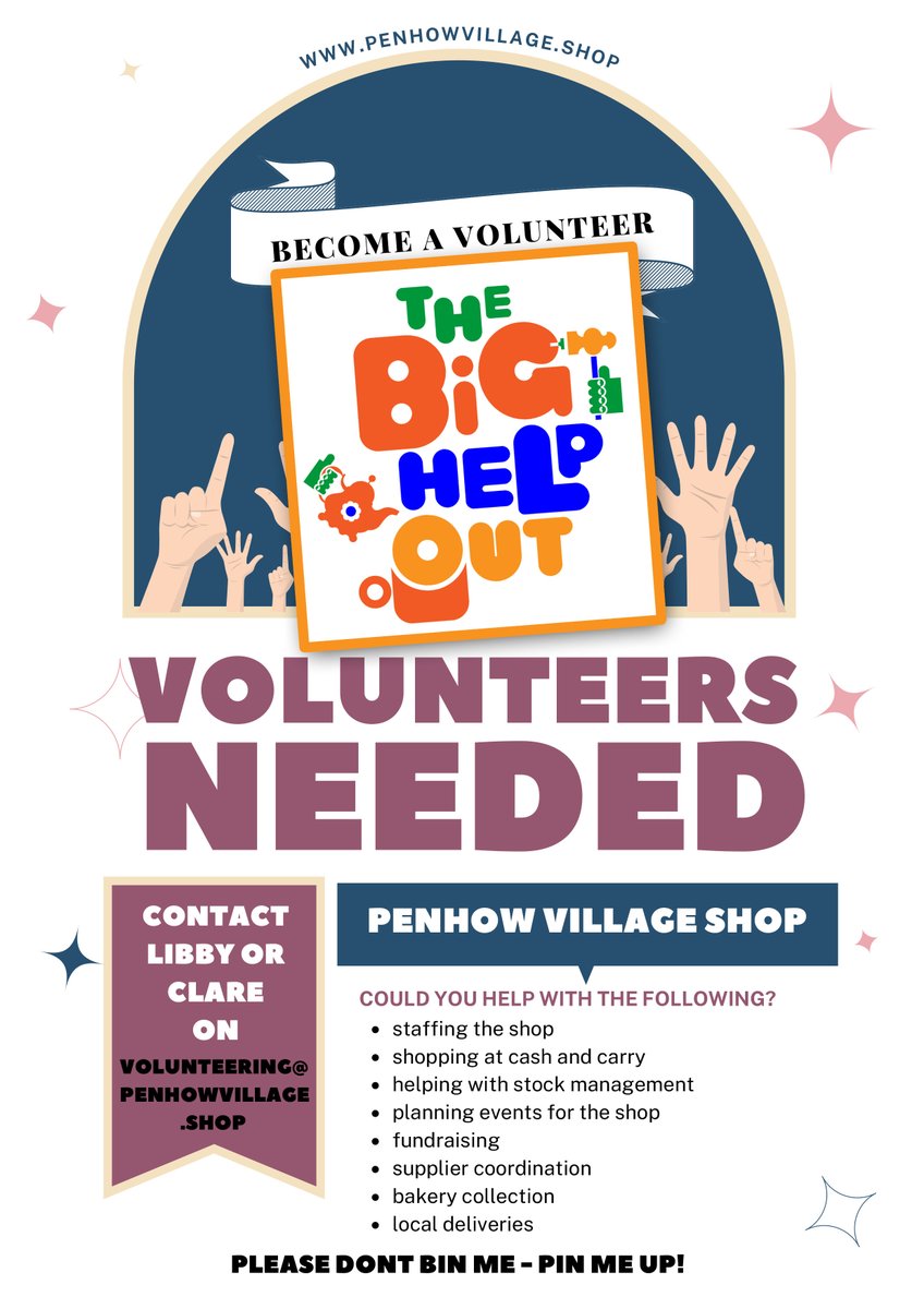 The Big Help Out!
Your village shop needs volunteers to staff the shop and keep it running. 
Contact the volunteer coordinators at: volunteering@penhowvillage.shop or call in at the shop.
penhowvillage.shop
#TheBigHelpOut #penhow #communityshop