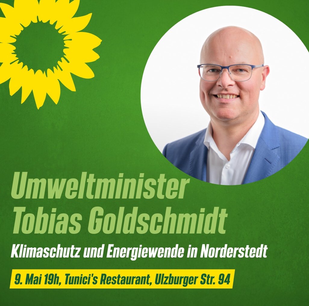 greenorderstedt's tweet photo. Tobias Goldschmidt, der  Umweltminister von Schleswig-Holstein, wird bei unserem  #Grünschnack am 09.05.23 um 19:00 Uhr in Tunici‘s Restaurant in #Norderstedt dabei sein. https://t.co/WxZ77gD7OB