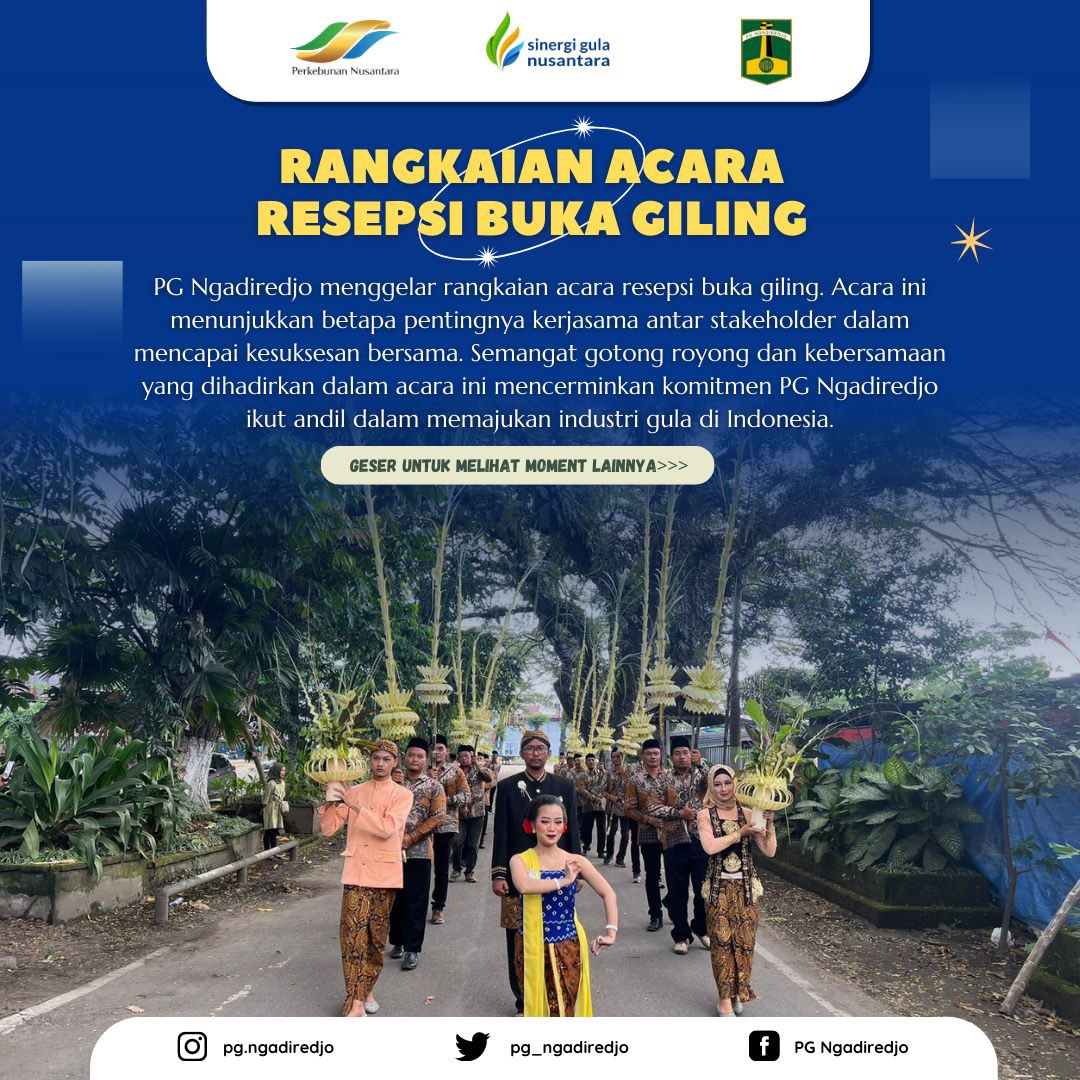 pg_ngadiredjo's tweet photo. PG Ngadiredjo kembali menggelar acara resepsi buka giling sebagai bagian dari upaya untuk mempererat hubungan dengan karyawan dan stakeholder. Selain itu, acara ini juga sebagai ungkapan rasa syukur dan doa agar produksi gula di masa giling 2023/2024 dapat berjalan lancar. https://t.co/z4p35cIsIo