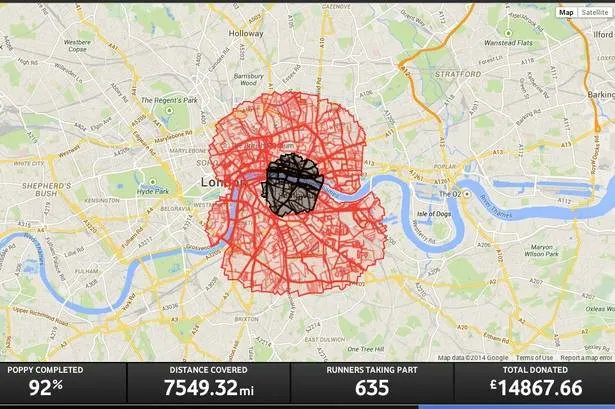 bcsmaps's tweet photo. #MapMonday On this day in 1919, EG Honey proposed the idea of a moment's silence to commemorate the Armistice of WWI, leading to the creation of Remembrance Day. In 2014, war veteran, Ben McBean, ran 31 miles around London to outline this poppy map art. The public filled the rest https://t.co/X6ciooYSkP